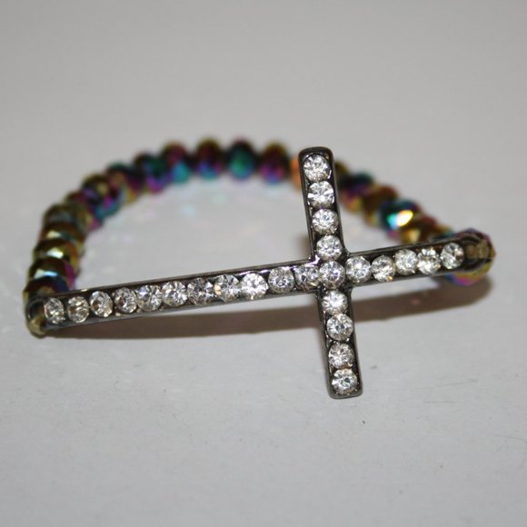 Vintagejelyfish Jewelry - Beautiful gunmetal cross bracelet with rainbow crystal beads 7"